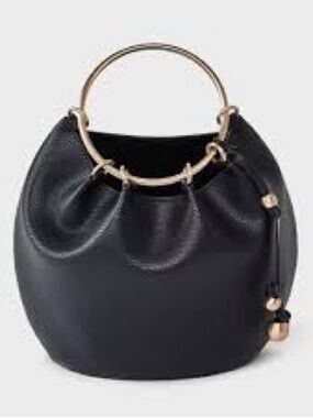 A New Day Black Leather Top-Handle Circle Bag with Gold Ring
